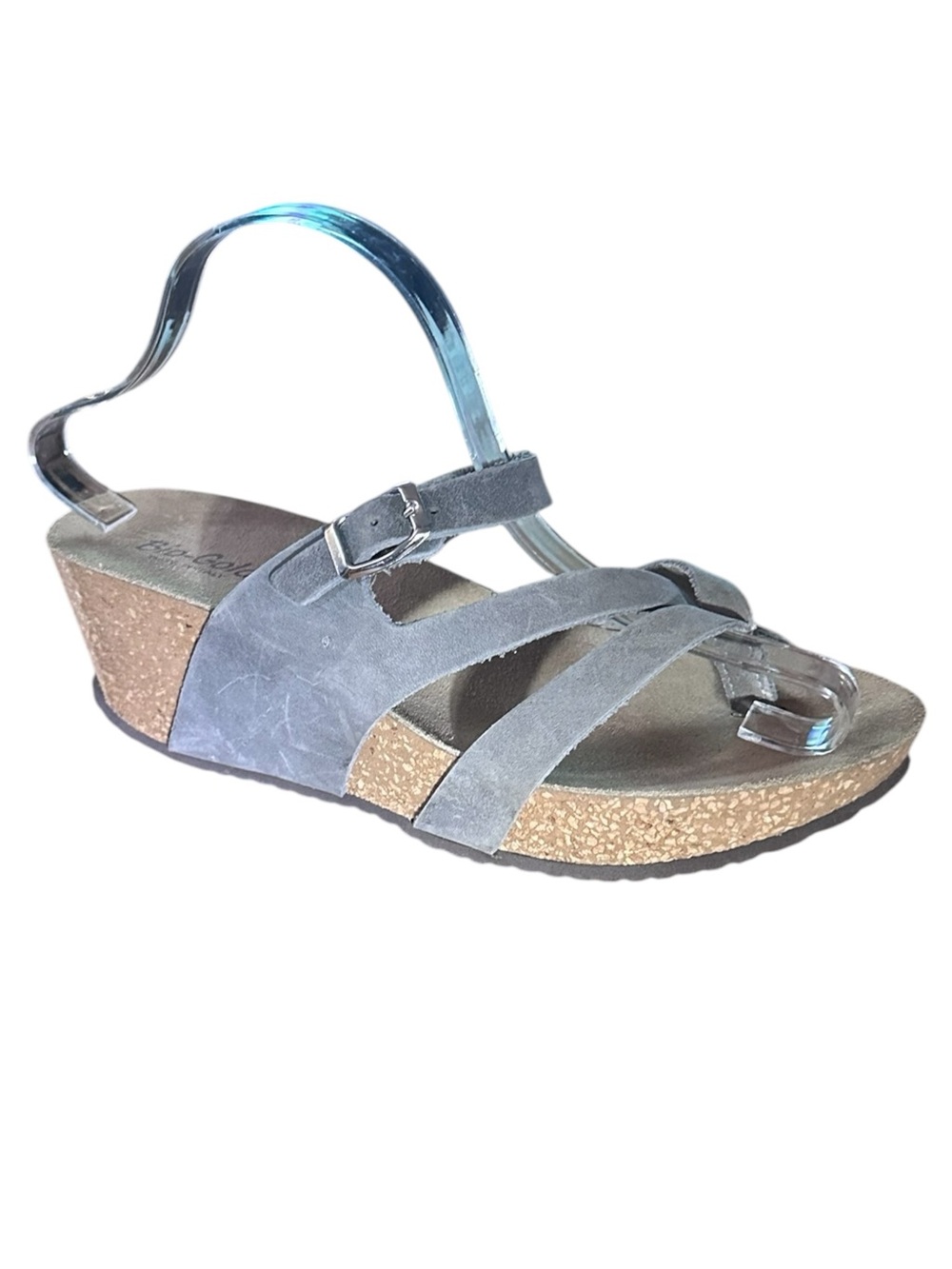 Bio-Gold Grey Suede Cork Wedge Sandal - Women's Strappy Comfort Size 8.5
